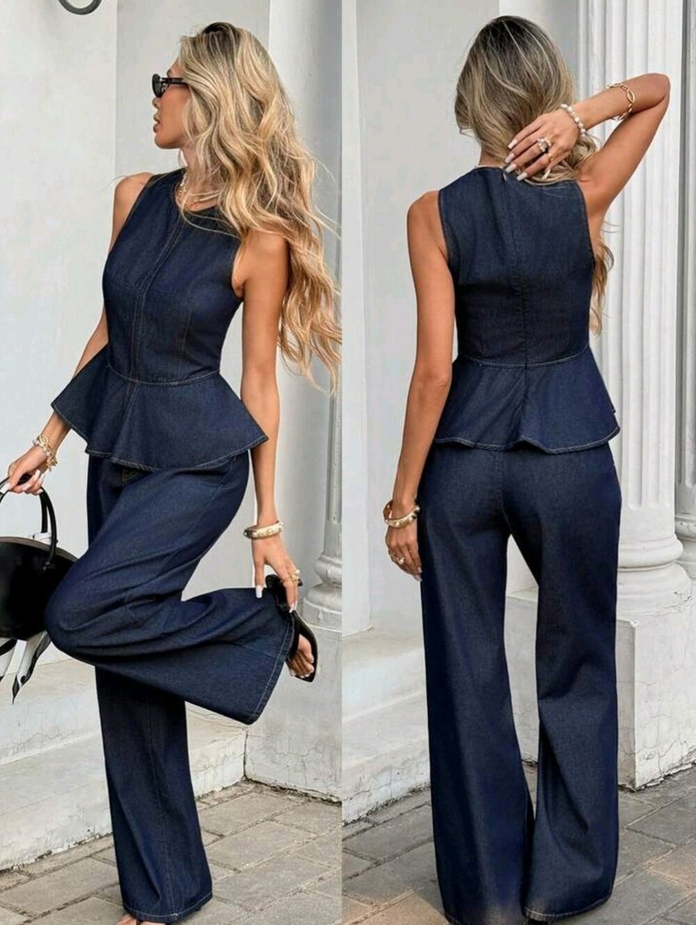 Women's Casual Sleeveless Peplum Hem Denim Top & Jeans Set, Suitable For